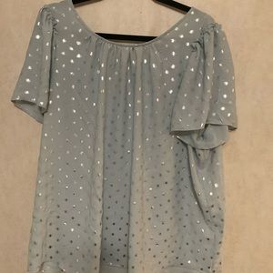Mint with silver polka dot blouse